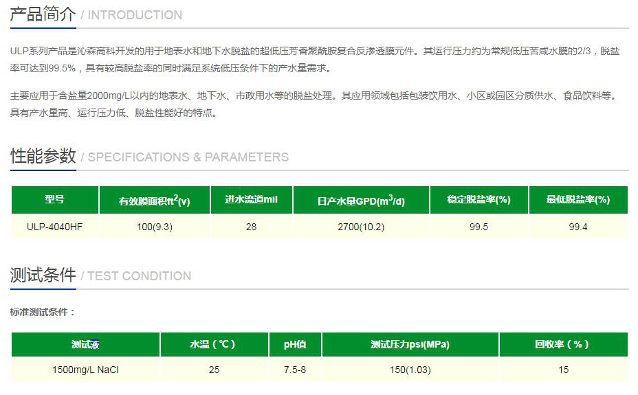 ULP-4040HF反渗透膜性能参数